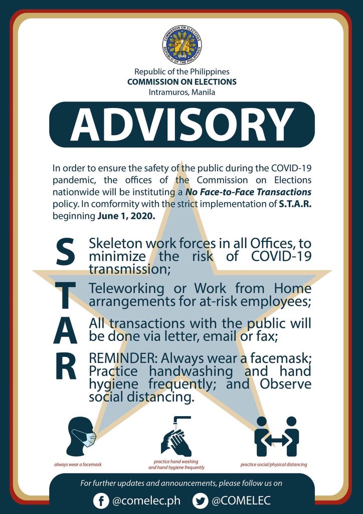 dirfrancesarabe's tweet image. The COMELEC begins the phased resumption of its operations nationwide tomorrow, June 1, 2020 #COMELECSTAR #TuloySerbisyo