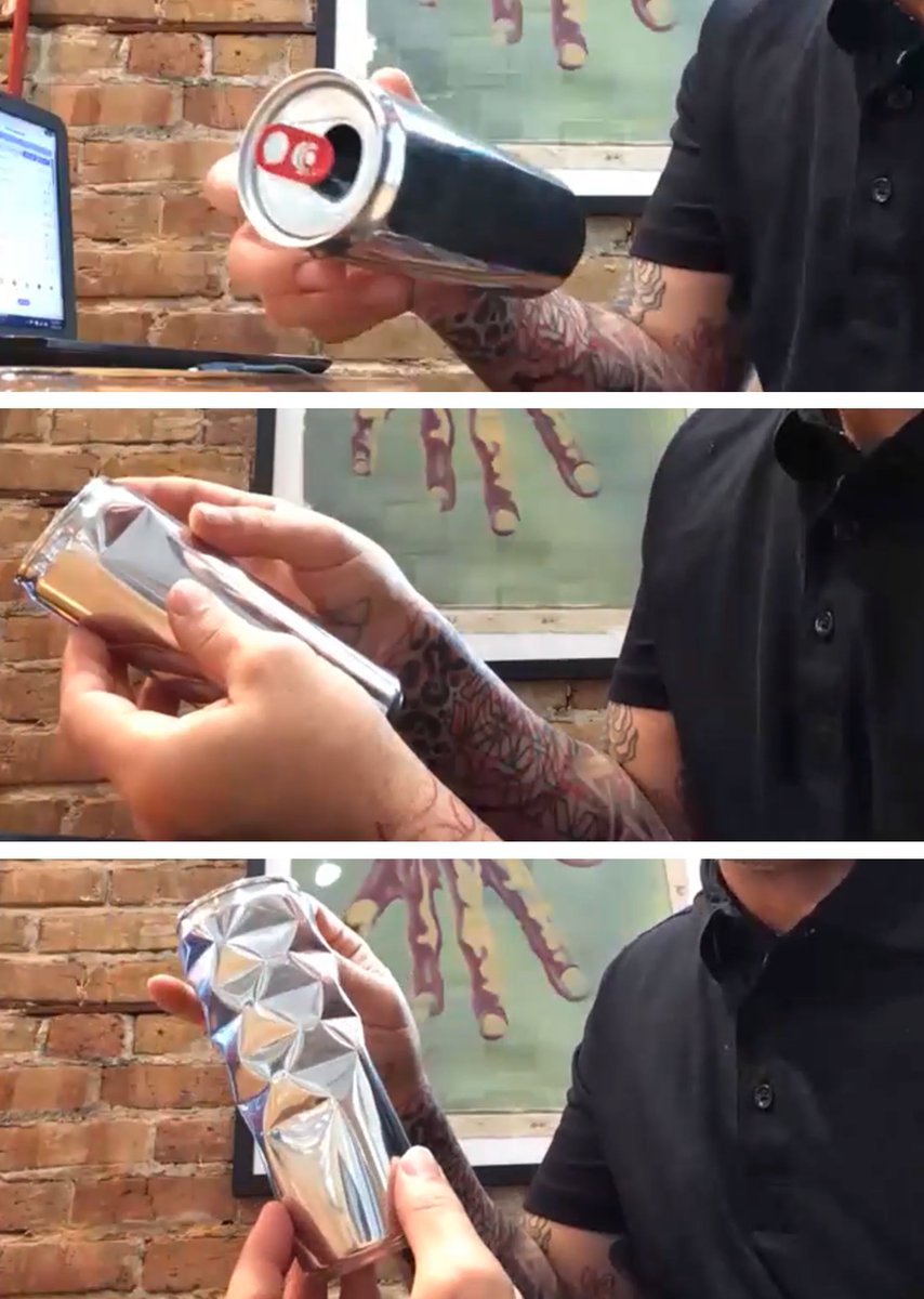TalkOrigami's tweet photo. Noah Deledda told us the story of how he started denting and folding the cans and his unique style of art:

"I Was on a road trip with a friend. I Had a drink and then an empty can and had nothing much else to do. I actually crushed the can slightly and noticed that there is https://t.co/aWldjN1Cli