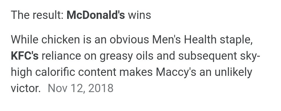 QUALITY" McDonald's has never made a compromise on their quality. They have a very high standard while on the other hand , KFC has had relatively greater number of unpleasant incidents regarding their chicken "KFC 5/10McDonald's 9/10(3/n)