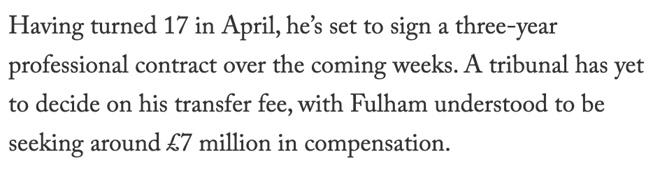 Forget about shutting down Real Madrid, the biggest bit of info from <a href="/JamesPearceLFC/">James Pearce</a>'s Harvey Elliot article is that Fulham are still looking for £7m in compensation 

theathletic.com/1841705/2020/0…