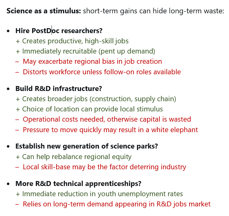 Q1 cont. Is this 'science as a stimulus'?Sector must steer BEIS/HMT towards a combo that balances short-term economic impact with long-term value for the science base (and ultimately the tax-payer).Easy to let short-term gains mask long-term waste 