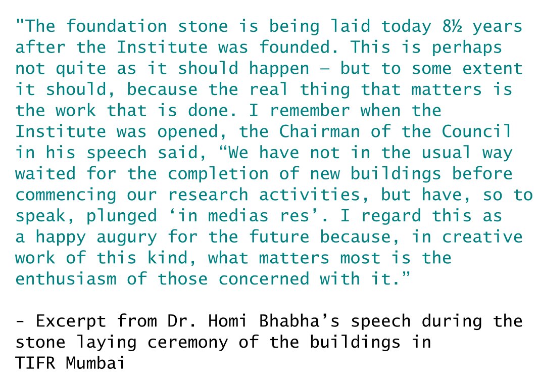 (5/n) The survey of possible land for  @TIFRH_buzz began in 2008. The foundation stone was unveiled in Oct 2010. Research commenced in 2011 & it was only in 2017 that the permanent campus became fully operational.This bears a strong resemblance to the initial years of  @TIFRScience
