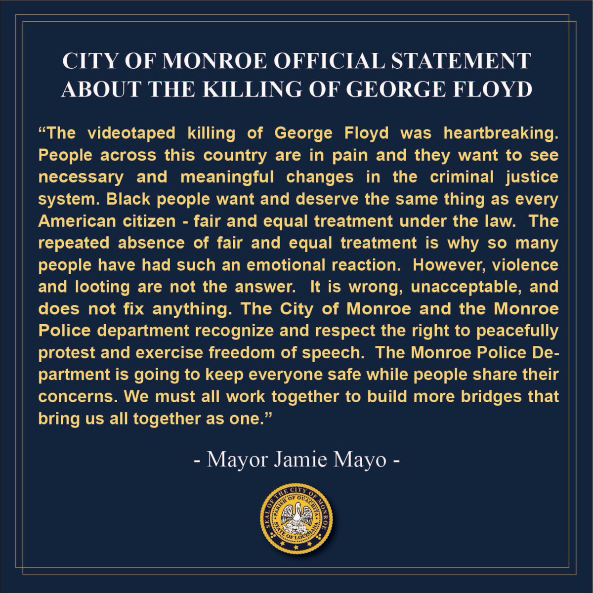 CityofMonroe's tweet photo. @CityofMonroe City of Monroe Official Statement About The Killing of George Floyd: https://t.co/haNjqfKAZy