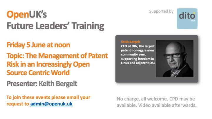 openuk_uk's tweet photo. Hot on the heels of the #Gnome patent settlement #openinventionnetwork CEO Keith Bergelt leads #OpenUK #FutureLeaders’ training on patent risk in open source this Friday. #opensource #patents https://t.co/5I3KcWPeuN