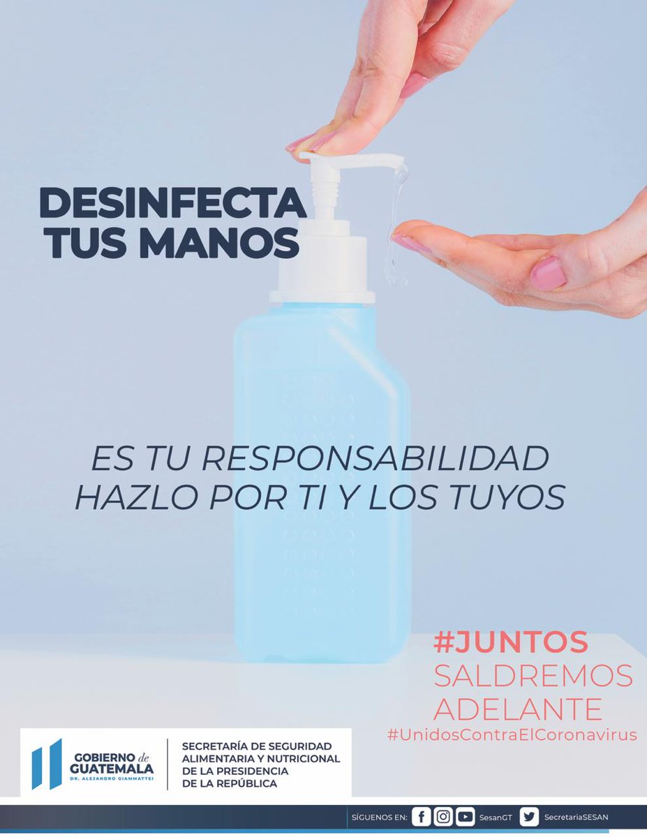 SecretariaSESAN's tweet photo. #SESANCONSEJOS 🗣 | Tomar medidas de higiene como el desinfectar constantemente tus manos 👐 con alcohol en gel al 70%, es clave para prevenir la propagación de enfermedades infecciosas o respiratorias como #Coronavirus #COVID19
#JuntosSaldremosAdelante
#UnidosContraElCoronavirus https://t.co/2EiRpserNe