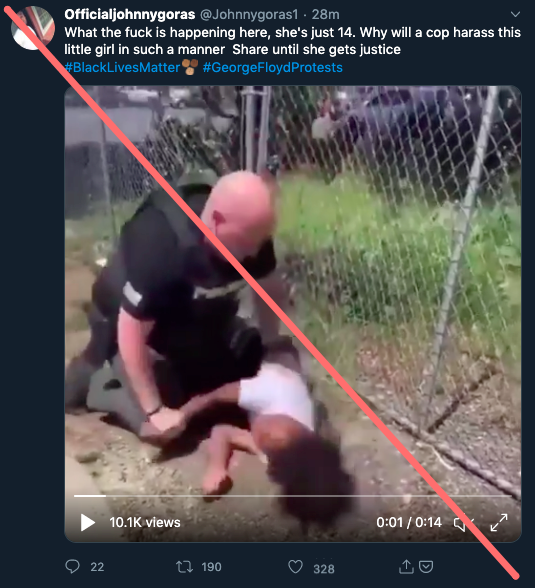 27. This video is from last month, not this weekend. It depicts a California policeman pinning a 14-year-old boy to the ground. Here's more on what happened.  http://theguardian.com/us-news/2020/apr/29/rancho-cordova-police-video-investigation