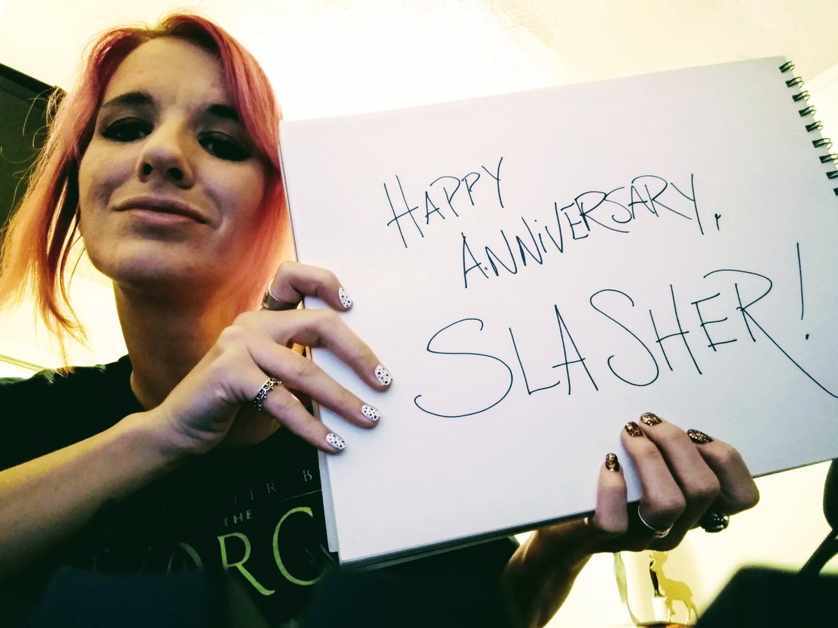 FinalGirlFriday's tweet photo. Today marks the one year anniversary of @theslasherapp and I couldn't be more proud to be a part of the community. Thank you guys so much for all you are and do! https://t.co/4CO3Ll7BwA #HorrorFamily #Slasher #HorrorCommunity #horrorfans https://t.co/vQFvINhM9F