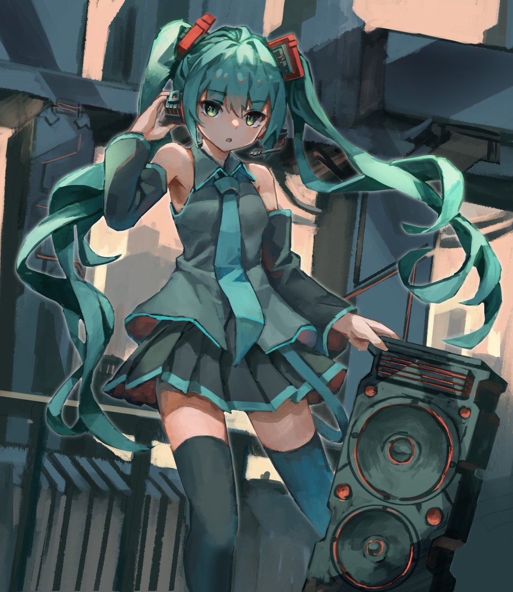 hatsune miku 1girl solo long hair twintails thighhighs skirt detached sleeves  illustration images