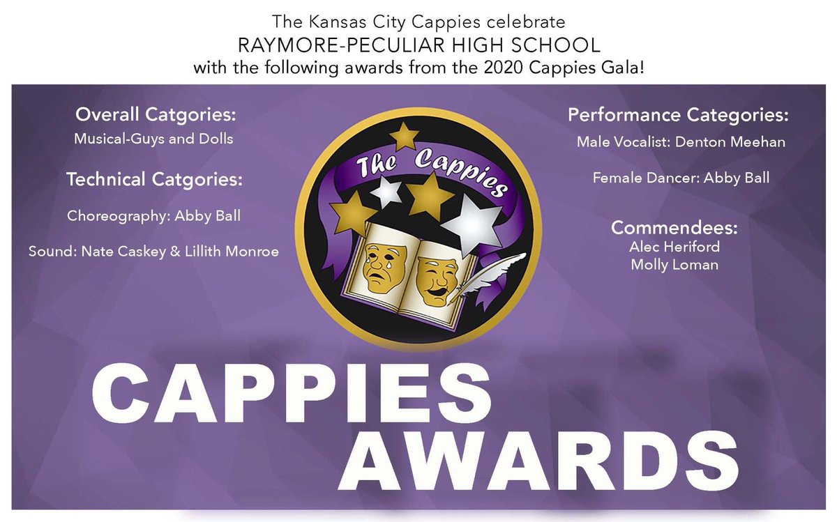 raypecschools's tweet image. Congrats to the RPHS cast and crew of “Guys and Dolls” for winning the Cappies award for Overall Best Musical! Ray-Pec also won for Choreography (Abby Ball), Sound (Nate Caskey and Lilith Monroe), Male Vocalist (Denton Meehan), &amp;amp; Female Dancer (Abby Ball). #raypec #kccappies
