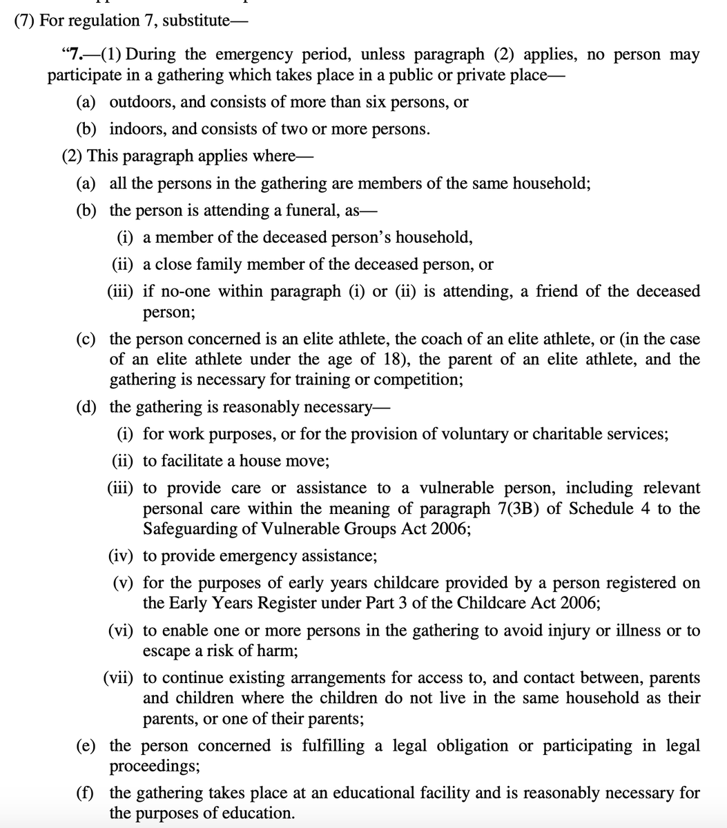 Second big change: Regulation 7 has been completely replaced - Gatherings of 6 people or less allowed outside in any formation (i.e. from any number of households)- Gatherings over 6 people prohibited without "reasonable excuse", there is an *exhuastive* list of excuses AND..