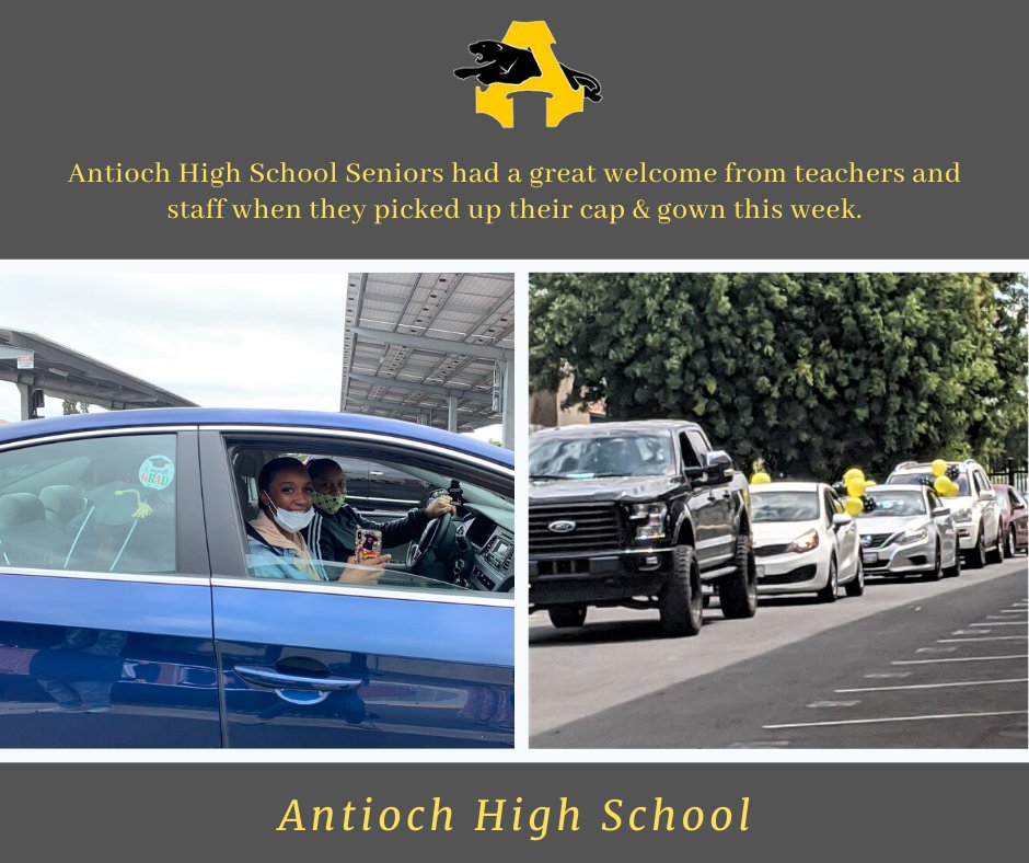 #AntiochCalifornia
#AntiochHighSchool
#WeAreAUSD
#AUSDProud
#HomeOfThePanthers
#CapsAndGowns
#Graduation2020
#SafeKindResponsible

Antioch High School Seniors had a great welcome from teachers and staff when they picked their cap and gown recently.