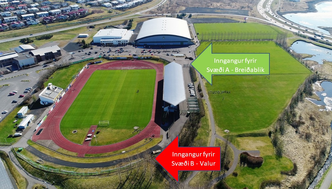 Minnum á styrktarleik Breiðabliks og Vals kl.18:00 Við viljum biðja þá sem eiga miða í "Svæði B - Valur" um að leggja á bílastæðið hjá Sporthúsinu og koma inn um hlið við norðurenda vallarins (sjá mynd). Þeir sem eiga miða í "Svæði A - Breiðablik" koma inn um hefðbundinn inngang.
