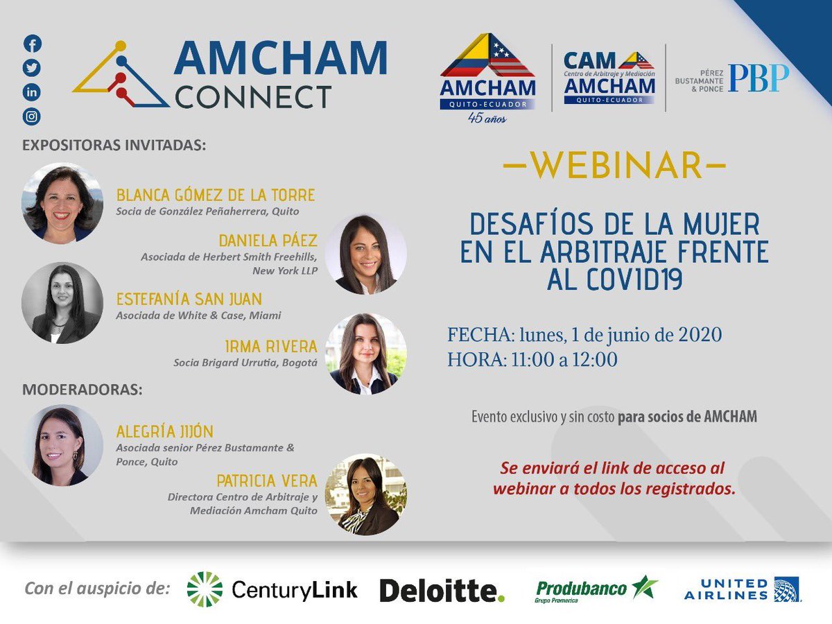 WIPEcuador's tweet photo. Nuestra socia fundadora Blanca Gómez de la Torre participará en el webinar “Desafíos de la mujer en el arbitraje frente al #Covid_19” organizado por @amchamec. ¡Invitadas todas! Más información👇🏼#MujeresWIP #AbogadasEmpoderadas https://t.co/AiQAQEjpDv