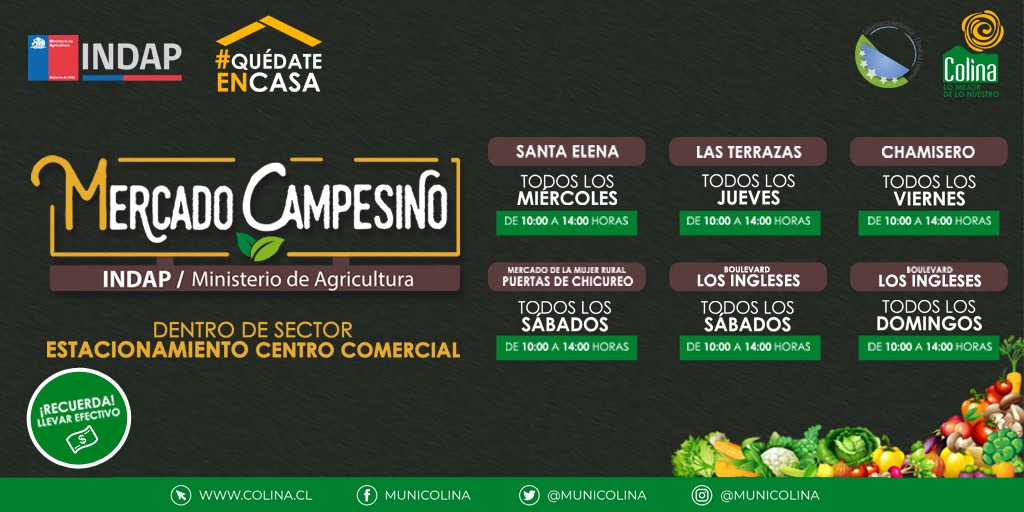 MuniColina's tweet photo. #CuidaTuVida |
El Mercado Campesino de @INDAP_Chile está operativo hoy, hasta las 14 horas, en @losingleses.

Además te dejamos sus lugares de atención, de miércoles a domingo.

@mario_olavarria @IndapRM @MinagriCL @jpguilisasti https://t.co/PNiSWNNCXM