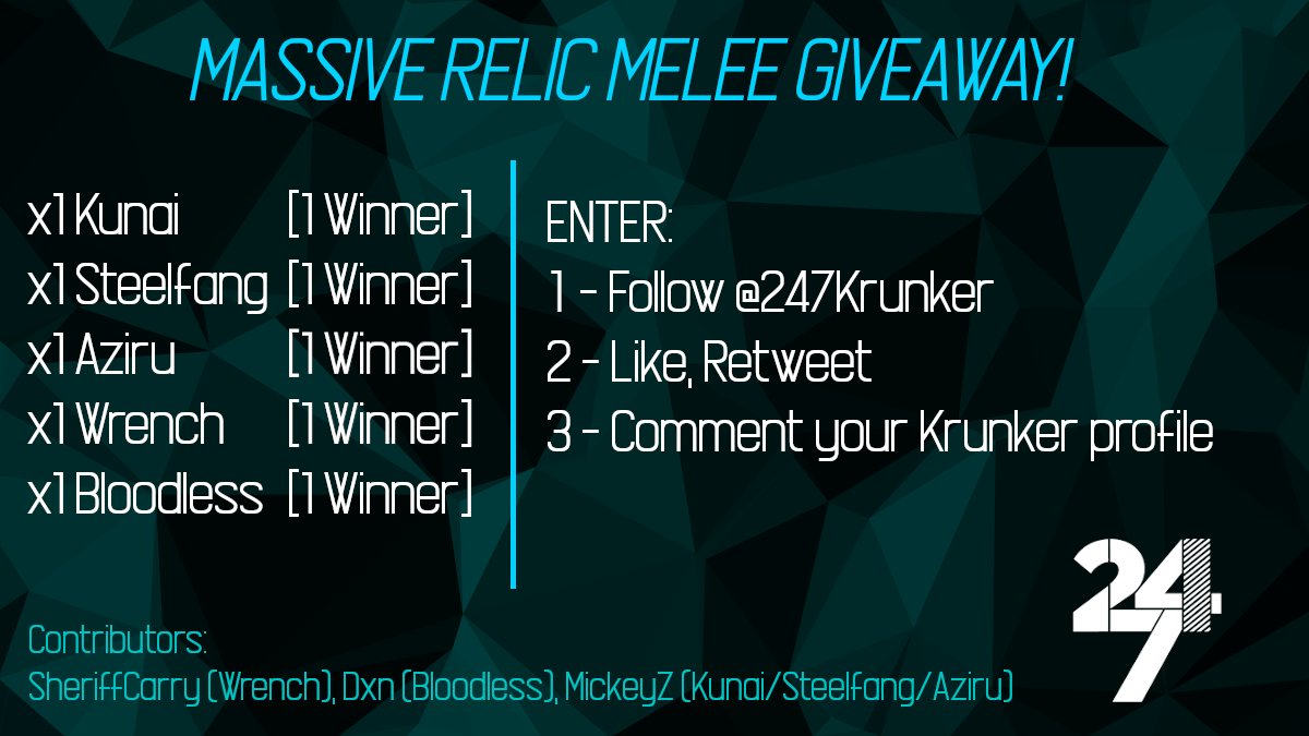 Giveaway Time!

x1 Kunai
x1 Steelfang
x1 Aziru
x1 Wrench
x1 Bloodless

Like, Follow, Retweet and Comment your Krunker profile!
(5 Winners will be announced on 7th June via Tweet)