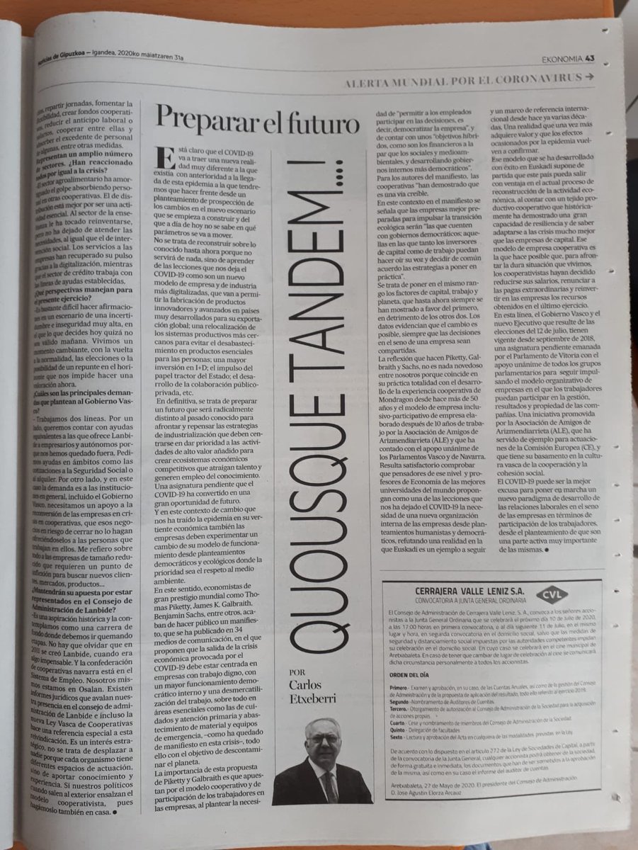 La crisis actual también deja huella en las #cooperativas  de Euskadi pero nuestro modelo socio empresarial basado en valores (ahora tan ensalzados por toda la Sociedad) nos ayudará a salir fortalecidxs, más rápido y en mejores condiciones. Aurrera! 💪🏻