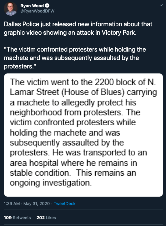 29. Be careful here, this is misleading. This tweet doesn't show the full context of the video and falsely says the man who was beaten up is dead. He is in hospital in stable condition and here's more information on what happened. Via  @RyanWoodDFW
