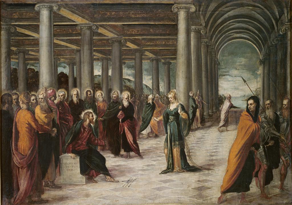 PP_Rubens's tweet photo. 2/2 Whoever is without sin among you, let him cast the first stone. Lesson from Christ, set in a marvelous, vast temple in 1546. Early Tintoretto, before his most radical moves, but still pretty darned good! https://t.co/eXqVnykJG6