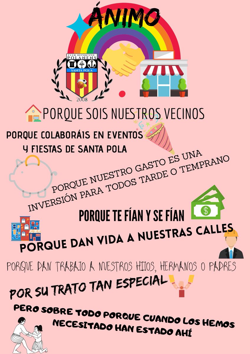En estos momentos complicados, queremos mostrar que los valores del deporte como la #confianza #amistad #colaboracion #apoyo #respeto... sean unas herramientas de apoyo y de concienciación para que el comercio local pueda  salir adelante. Desde el <a href="/CDPolanens/">Polanens Santa Pola</a>
Mucho ánimo ‼️‼️