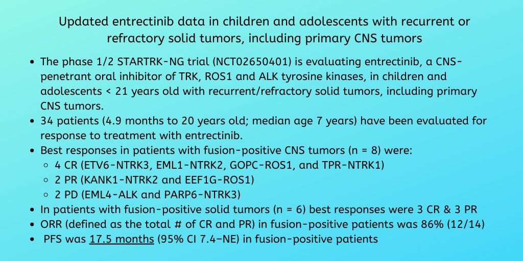AshleySumrallMD's tweet photo. Entrectinib #STARTRK in kids, AYA : includes #NTRK fusions &amp; ALK, ROS1 fusions. PFS 17.5m &amp; ORR 86%. Many AEs IMO from reading data &amp; clinical experience in adult population. Impressive data though  #btsm #asco20 https://t.co/VggqfQkrDX