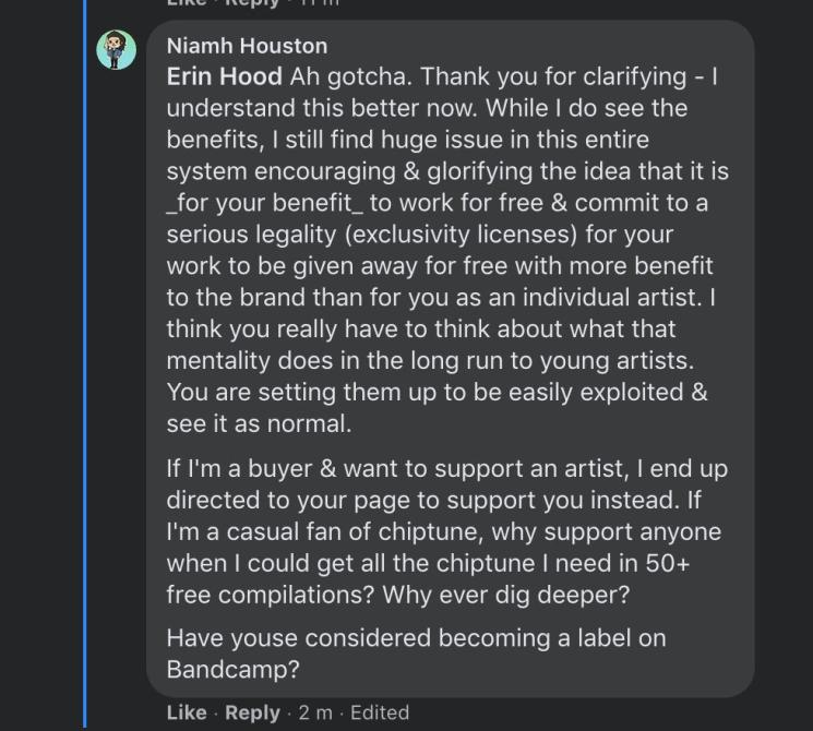 & highlighting that a hierarchical structure, with no income to the artists or contributors is an exploitative system and that vague community guidelines allow for easy silencing of genuine concerns
