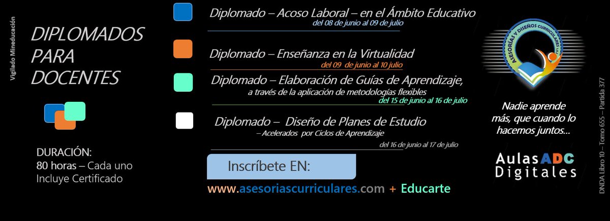aydcurricular's tweet photo. Preparados para iniciar el nuevo ciclo de Diplomados, dirigidos a maestros. Entre el 08 y 16 de junio inician nuevos procesos de cualificación Docente. Inscríbete en https://t.co/gX0CDxAcJY + Educarte. Una oportunidad única para prepararnos frente a la crisis de la educación. https://t.co/W2I8UPbPAS