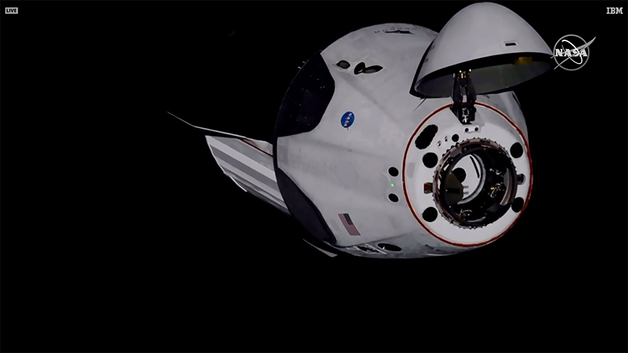 The <a href="/SpaceX/">SpaceX</a> #CrewDragon docked to the station at 10:16am ET today. <a href="/Astro_Doug/">Col. Doug Hurley</a> and <a href="/AstroBehnken/">Liam</a> will soon enter and join Exp 63. Read more... go.nasa.gov/2MeYNmX