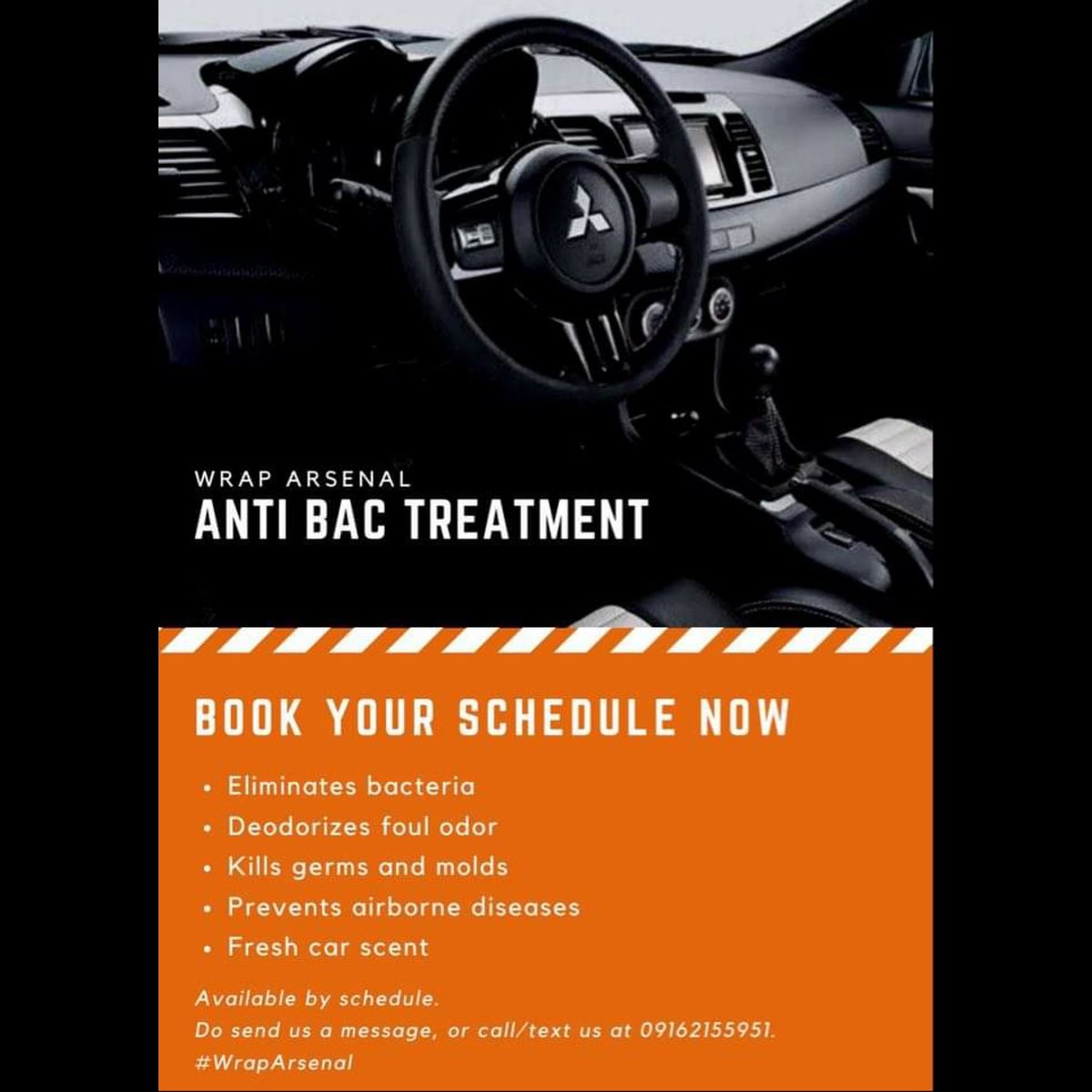 WrapArsenal's tweet photo. Anti Bac Treatment now available! 
✔️ Eliminates bacteria
✔️ Deodorizes foul odor
✔️ Kills germs and molds
✔️ Prevents airborne diseases
✔️ Fresh car scent

For schedule and appointments, do send us a message or call/text us at 09162155951. https://t.co/X84ggBeFcp https://t.co/YaRM2MKXmO