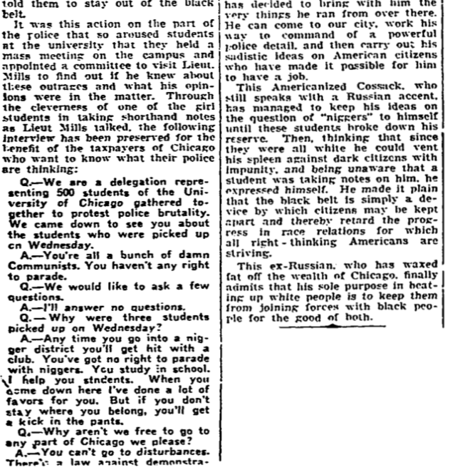 By the 1930s, incidents of police brutality were so commonplace that the black-owned Chicago Defender could run an exposé like this (5/26/34).