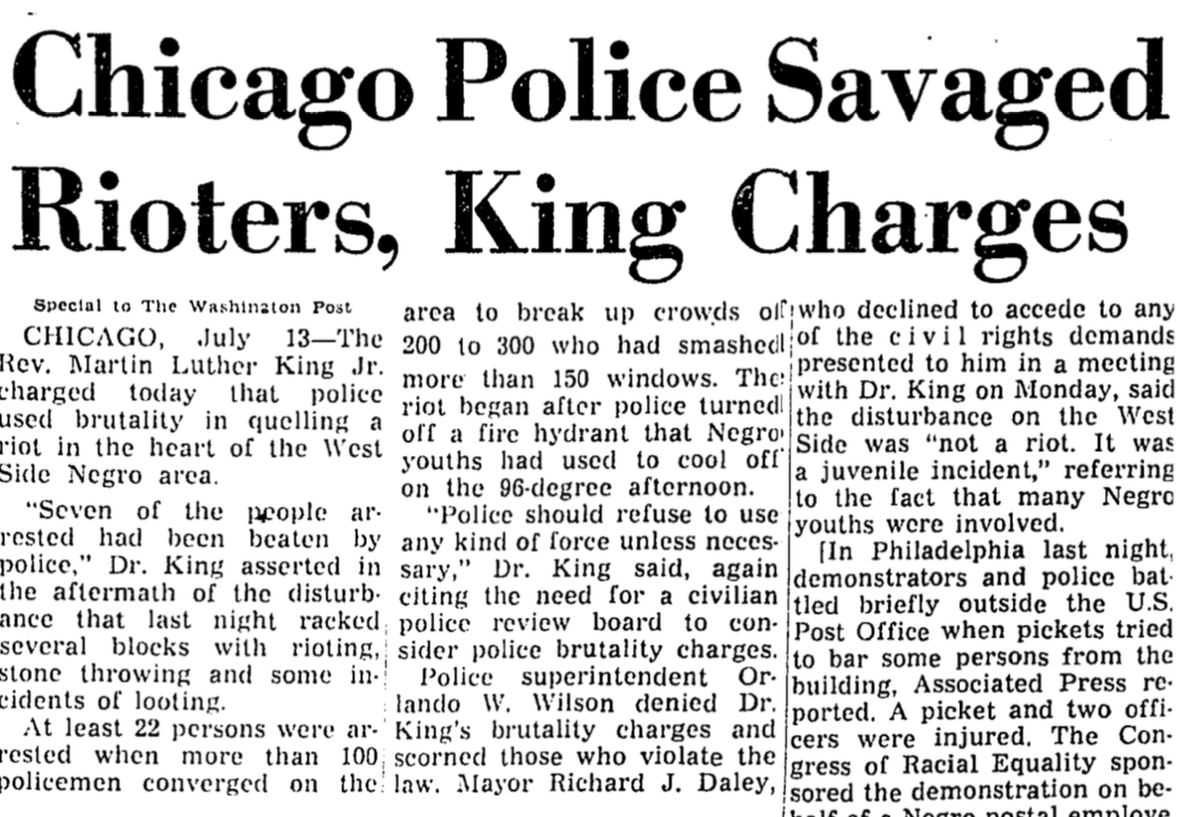 Less than a decade later, in the summer of 1966, MLK staged protests in Chicago to draw attention to the slum conditions of the urban North.He was struck by how harshly the police handled black rioters and how hands-off they were with white ones just a few weeks later.
