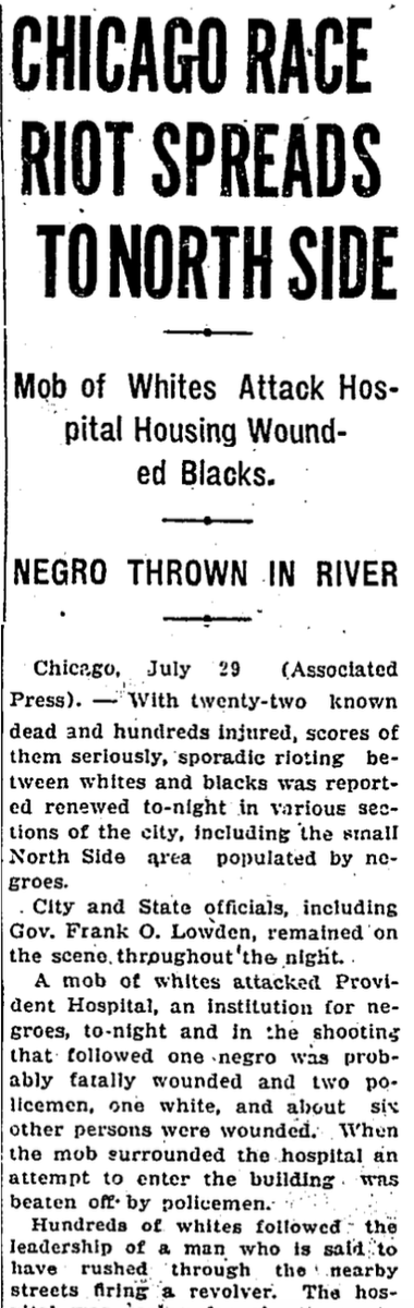 Police brutality came as acts of omission as well as commission. The 1919 race riot, for instance, started when a black boy floated into the "white" part of Lake Michigan. Whites threw rocks at the boy until he was knocked out and drowned, as a white cop stood by doing nothing.