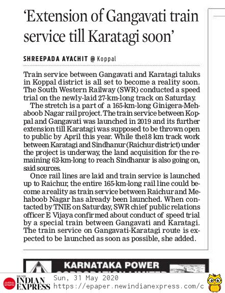 rlyhydka's tweet photo. Extension of #Gangavathi Train till #Karatagi soon. Speed trail run completed between Gangavathi till Karatagi 27Kms stretch. This line is part of New Railway line between #Ginigera to #Raichur. @SangannaKaradi @SureshAngadi_  #Koppal https://t.co/s6503tDzCU