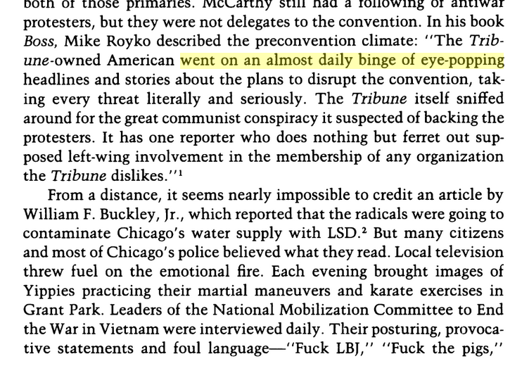 That attitude of overreaction guided his plans for the Democratic National Convention just eight months later.The summer was filled with wild rumors, and local authorities believed them all. (from Mayor Jane Byrne's My Chicago:)