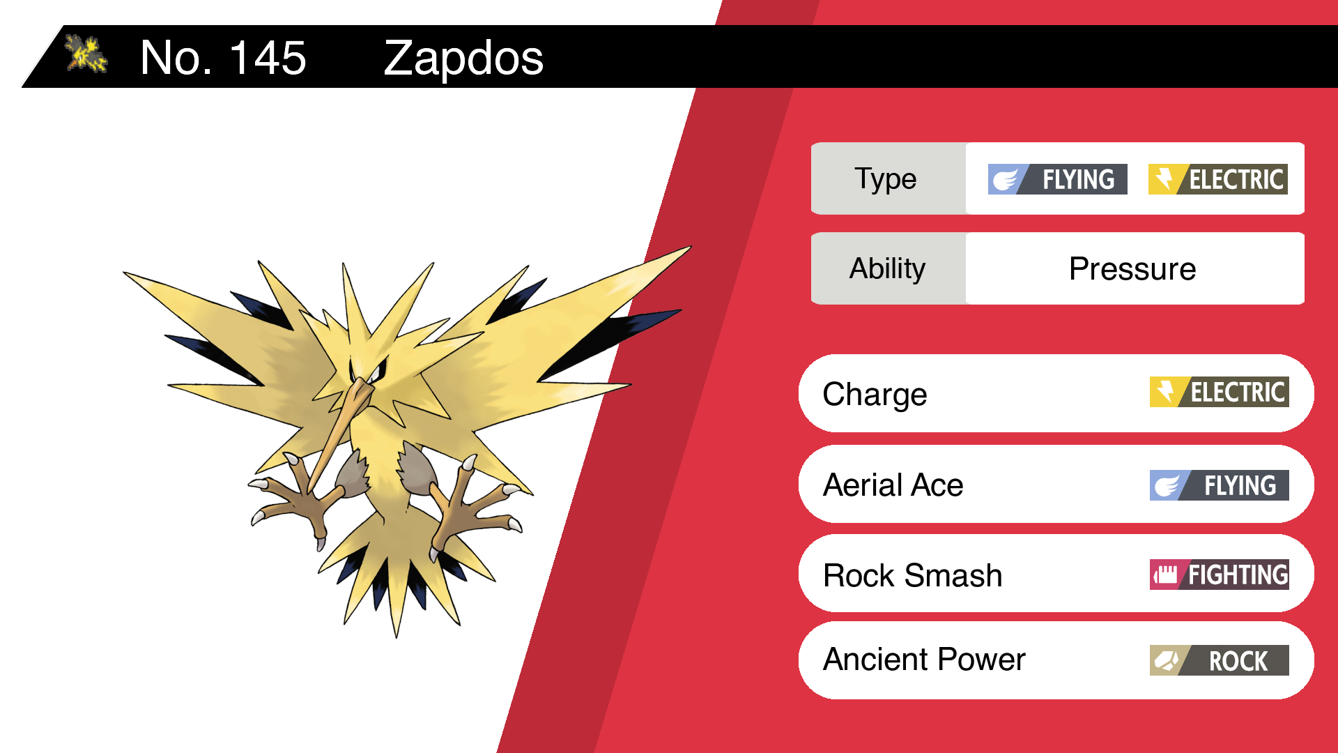 Random Pokemon on Twitter: "Zapdos Ability: Pressure Charge, Aerial Ace, Rock Smash, Ancient Power #pokemon #Zapdos https://t.co/QR583An5qq" / X