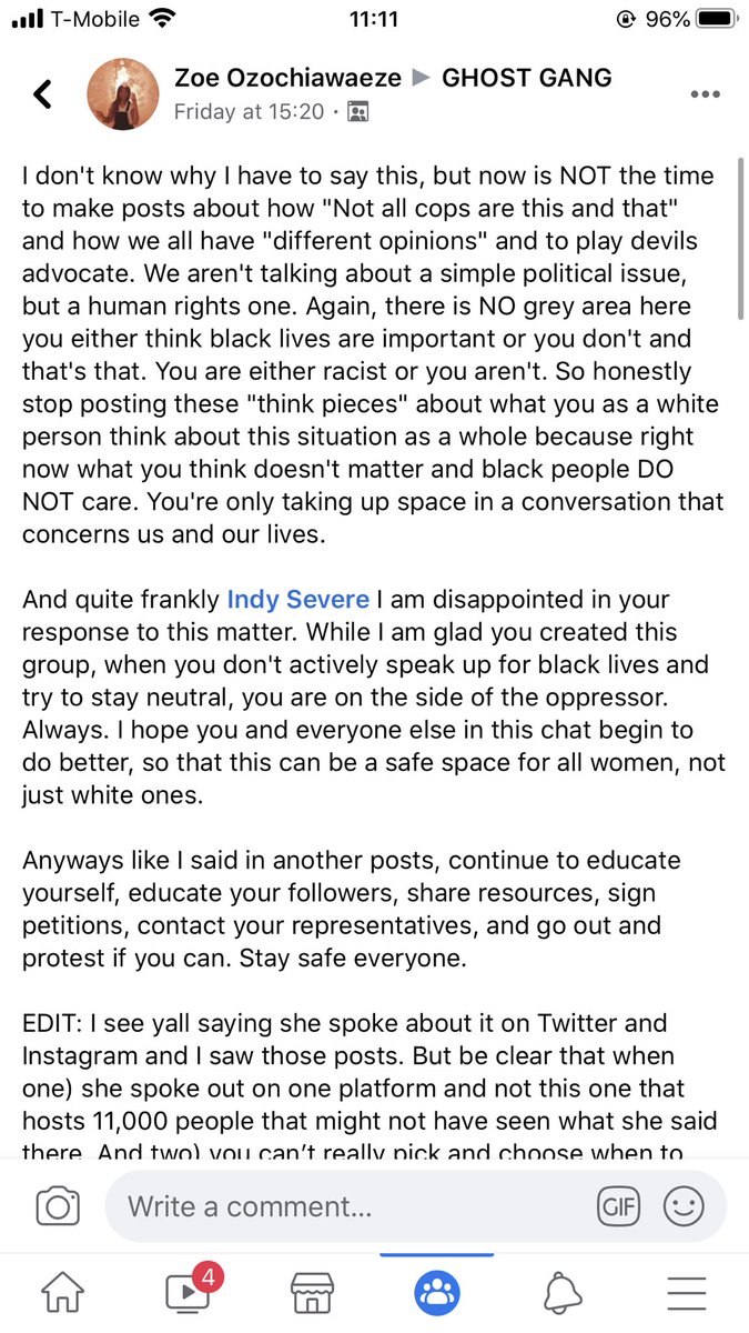 When I called the group out on it, I specifically tagged Indy, criticizing her for the fact that she has been vocal about black issues and said she needs to use her platform to speak up on Twitter and Instagram, but has yet to speak up for black people in the Ghost Gang group.