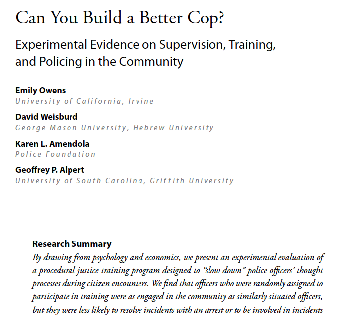 This study implements a CBT-like program in the spirit of procedural justice, w the Seattle PD. It's an RCT, but the sample is small & implementation logistics made analysis tricky. Results are promising. I'd love to see it replicated w a bigger sample!  https://doi.org/10.1111/1745-9133.12337