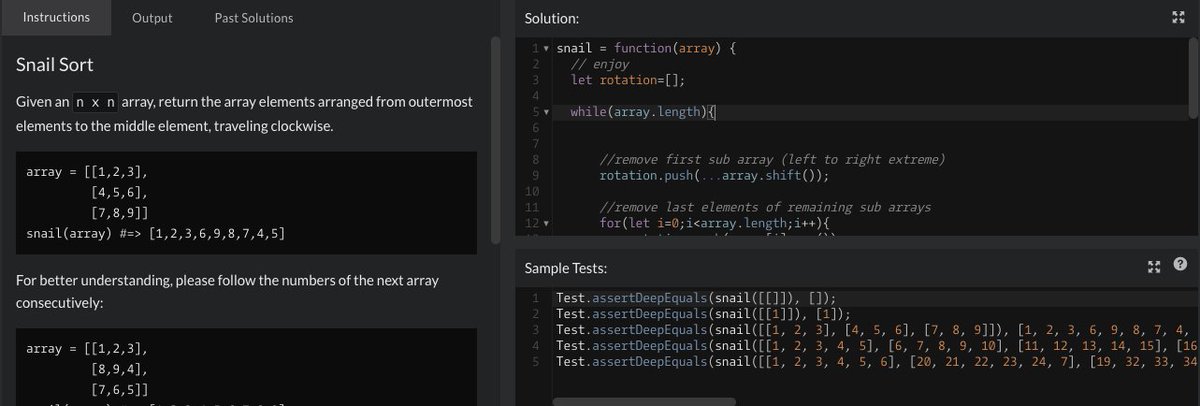 js_ninja_'s tweet image. I just solved a code challenge which was about clockwise traversing a 2D array called Snail. its a very interesting question .
Take the code initiation @ codewars.com/r/g8763g to enlist and challenge yourself. #codewars #100DaysOfCode #CompetetiveProgramming #CP