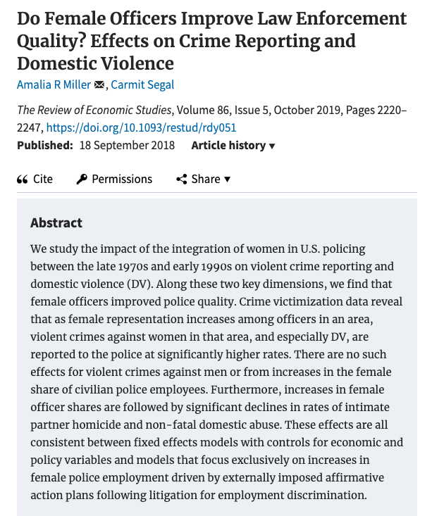 This study considers the effects of court-ordered affirmative action to increase gender diversity in police departments. It finds benefits. https://doi.org/10.1093/restud/rdy051