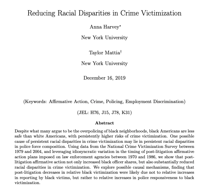 This study considers the effects of court-ordered affirmative action to increase racial diversity in police departments. It finds benefits.  https://s18798.pcdn.co/annaharvey/wp-content/uploads/sites/6417/2019/12/Victimization_Harvey_Mattia.pdf