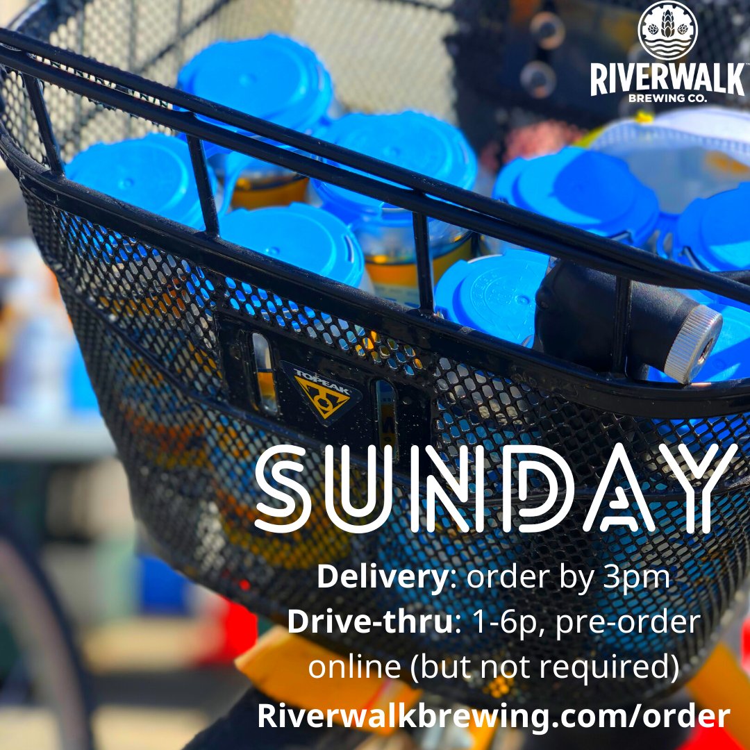 All the stuff you need to know for Sunday. #delivery and #drivethru options available. Head to riverwalkbrewing.com/order to place a pre-order, or just swing through 1-6pm. #beer #craftbeer #craftbrew #craft #crafty #drinklocal #beerdrinker