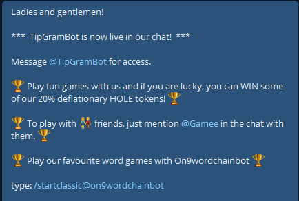 Superblackh0le's tweet photo. What is new in HOLE Telegram group?
💥Tip bot - get HOLE when active in our group and as reward for ⬇️⬇️⬇️
💥 Games 
💥 Trivia (coming soon)

HOLE 20% deflationary token straight to the Black Hole of crypto! https://t.co/8QPnUy6lMw