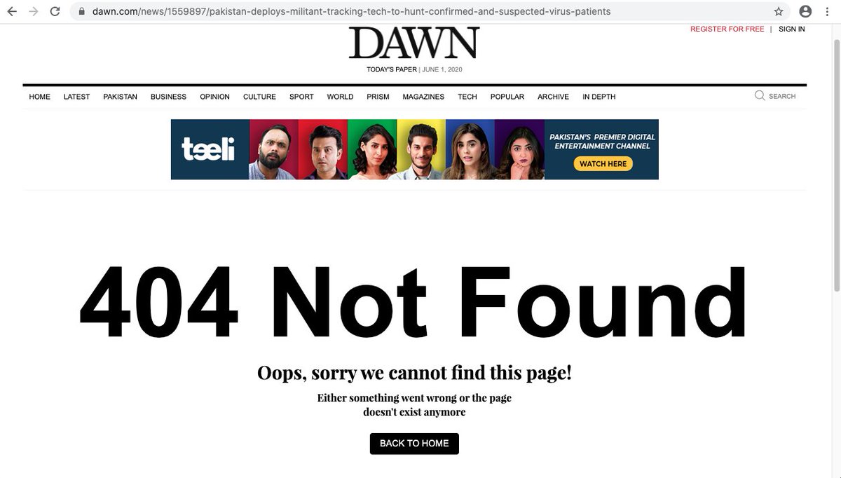 While writing this thread, I looked up an AFP story that  @dawn_com shared on May 28 titled "Pakistan deploys militant-tracking tech to hunt confirmed and suspected virus patients". Couldn't access it, probably taken down. Accessible on  https://web.archive.org/web/20200528225232/https://www.dawn.com/news/1559897/pakistan-deploys-militant-tracking-tech-to-hunt-confirmed-and-suspected-virus-patients