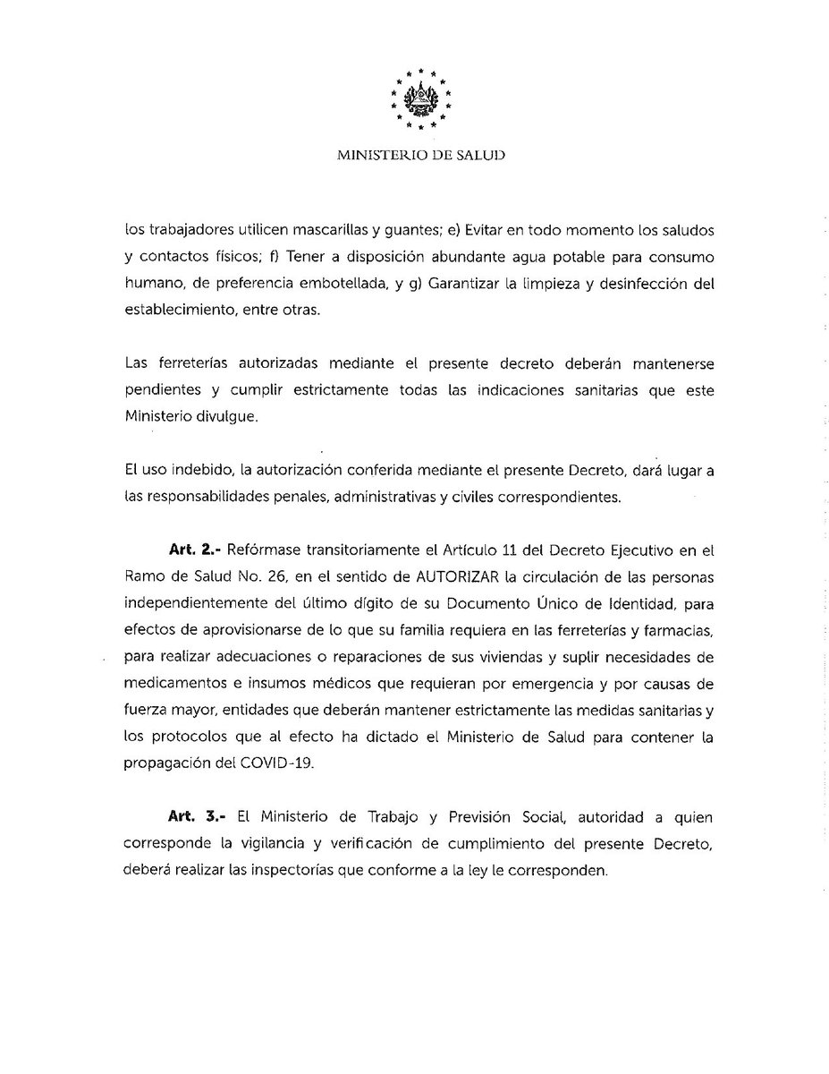 SaludSV's tweet photo. Compartimos el decreto emitido por el Ministro @FranAlabi, donde se autoriza a las ferreterías en todo el país, hasta 4 de junio, a abrir sus puertas y atender durante la emergencia sin restricción de DUI, para lo cual deberán operar únicamente con el 40% de su personal. https://t.co/QgdSz7q0bW