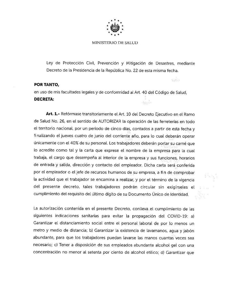 SaludSV's tweet photo. Compartimos el decreto emitido por el Ministro @FranAlabi, donde se autoriza a las ferreterías en todo el país, hasta 4 de junio, a abrir sus puertas y atender durante la emergencia sin restricción de DUI, para lo cual deberán operar únicamente con el 40% de su personal. https://t.co/QgdSz7q0bW