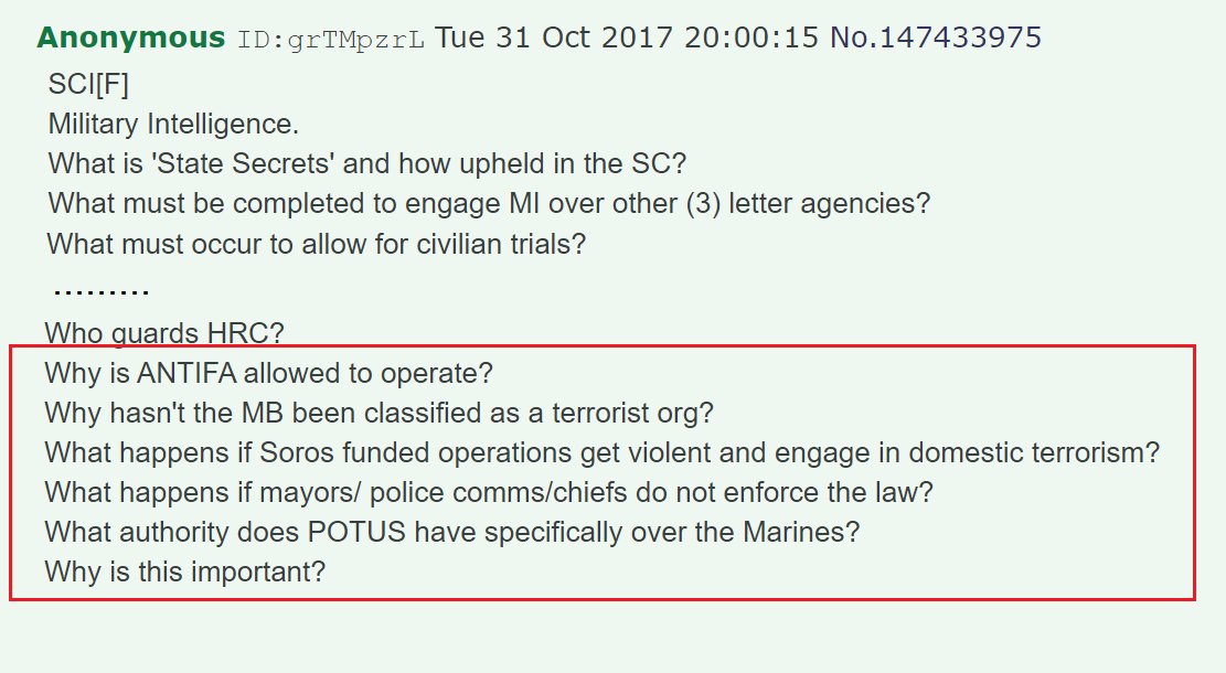 49) On October 31, 2017, Q hinted that there was a reason Antifa was allowed to continue operating.