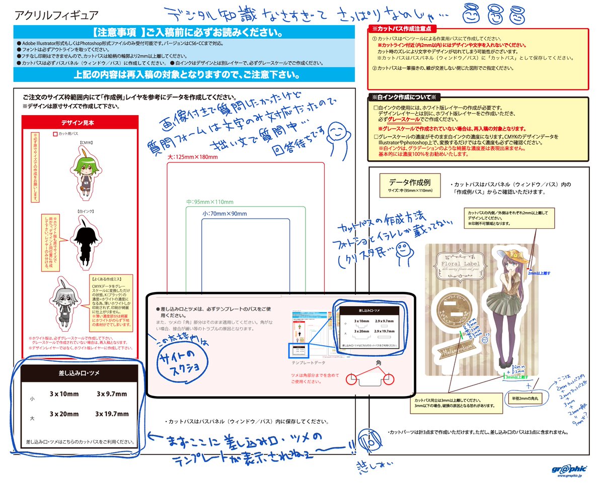 前々から言ってたこのアクスタの進捗なんですけどね…コミグラさんわからな～～い!!!!!!😂😂手が届く価格でこの仕様できるのグラフィック社しかない?からこれクリアしてここで入稿したいんだけど頭が残念な私にはカットパスがサッパリ😇フォトショ月額高い…し、そもそもソフトで解決するんかコレ…? 