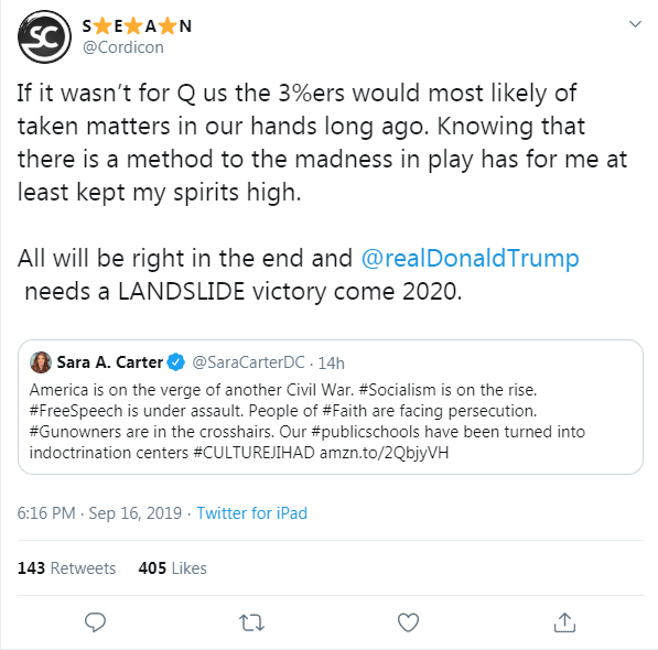 Trump just quote-tweeted what is not only a major QAnon account (with the QAnon slogan in the tweet), but an account that has also previously affiliated himself with the militia movement group the 3 Percenters.