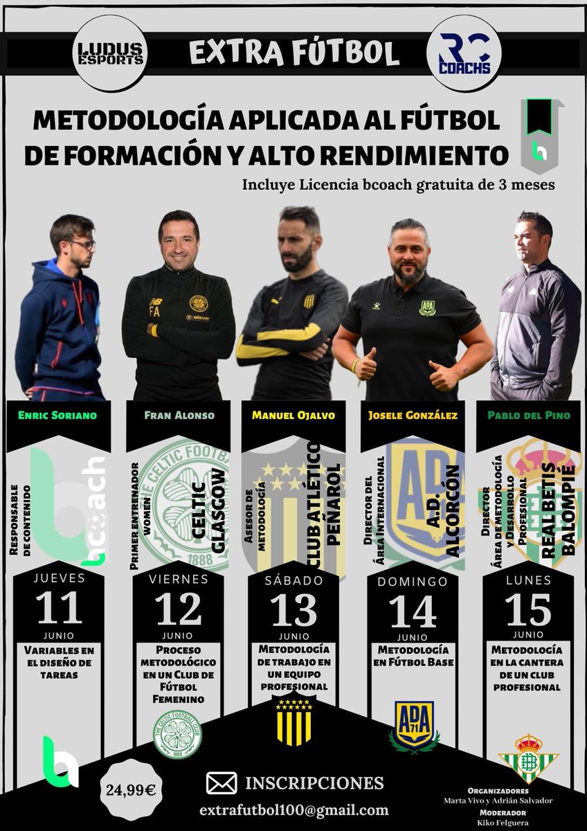 | EXTRA FÚTB⚽️L |
Jornadas de METODOLOGÍA. 🔝
inscripciones en: extrafutbol100@gmail.com
18:30h 🇪🇸 en Zoom. 
3 meses gratis <a href="/bcoachapp/">bcoach</a> 
<a href="/EnricSoriano__/">Enric Soriano</a> ✅
<a href="/FranAlonsoFA/">Fran Alonso</a> ✅
<a href="/lolojalvo/">✨Daicos👑Queen✨</a> ✅
@JoseleVodafone ✅
<a href="/76_pino/">Pablo del pino</a> ✅
¡Plazas limitadas! ↙️