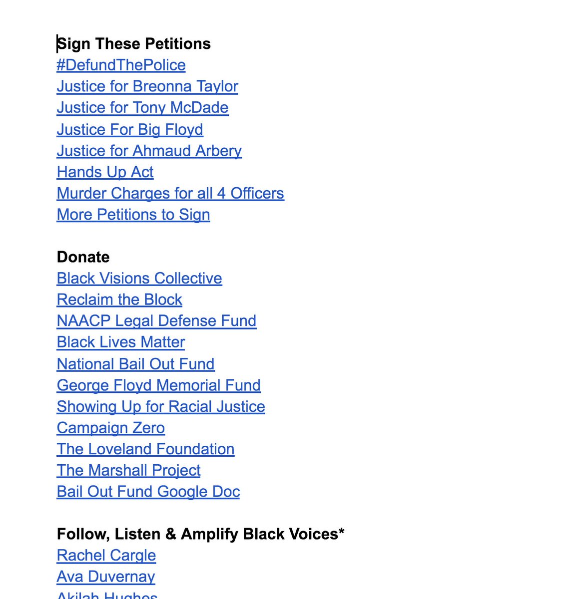 List of petitions to sign, places to donate, resources on anti-racism, Black activists & artists to follow, etc. docs.google.com/document/d/1zh…
