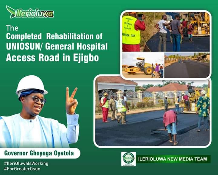 SogoOmoOsun's tweet photo. The completed  rehabilitation of UNIOSUN/ General Hospital access road in Ejigbo. 

#IleriOluwaisWorking
#OsunisProgressing.
#OsunApc 
#IleriOluwa
#ForAGreaterOsun https://t.co/WTi215zyti